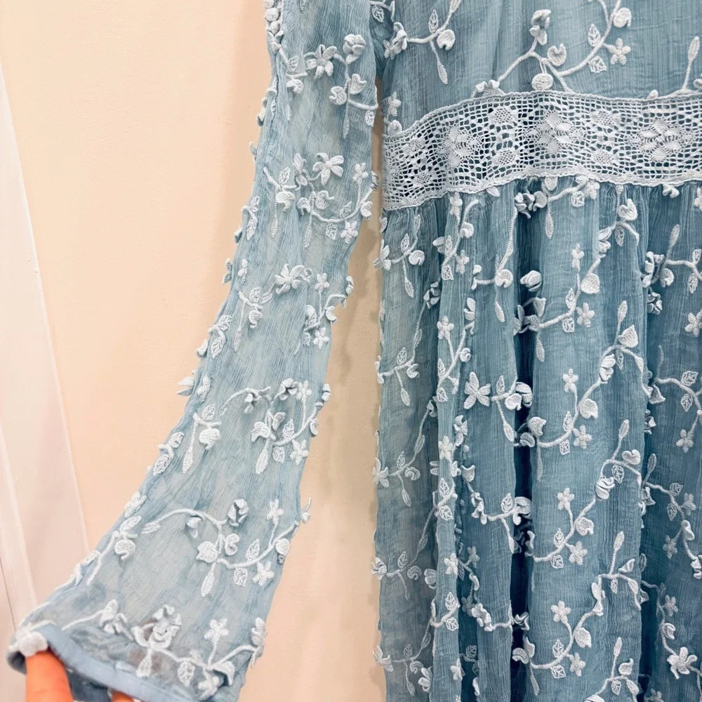 Sundance Blue Embroidered Mesh Lace Empire Waist Dress Sz 16 Boho Cottagecore - Picture 8 of 12